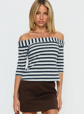 Shaylla Off Shoulder 3 4 Sleeve Top Blue Stripe