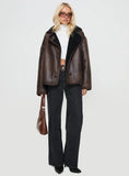 Nunez Faux Leather Jacket Washed Brown Black