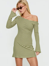 Adrietta Long Sleeve Off Shoulder Mini Dress Cream Matcha Stripe