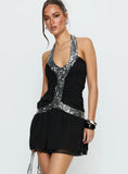Aisleigh Sequin Halter Mini Dress Black Silver