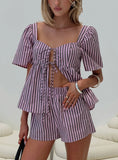 Two Young Hearts Tie Up Set Pink Brown Stripe
