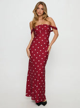End Credits Off Shoulder Pleat Maxi Dress Red Polka Dot