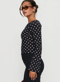 Lady Lady Long Sleeve Backless Top Black White Polka