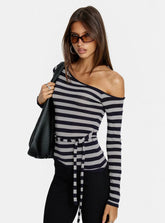 Kastor One Shoulder Long Sleeve Top Navy Grey Stripe