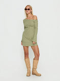 Adrietta Long Sleeve Off Shoulder Mini Dress Cream Matcha Stripe
