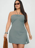 Knoxi Halter Jersey Mini Dress Blue Brown Stripe Curve