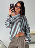 Settle Down One Shoulder Long Sleeve Top Chocolate Blue Stripe