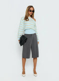 Zinia Off Shoulder Knit Sweater Grey Blue Stripe