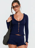 Ceria Frill Knit Long Sleeve Top Navy