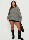 Settle Down Long Sleeve Top Black White Stripe Curve