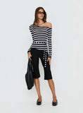 Kastor One Shoulder Long Sleeve Top Navy Grey Stripe