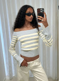 Perrey Long Sleeve Off Shoulder Top Knit Yellow Grey Stripe