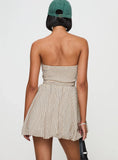 Quinette Strapless Bubble Hem Mini Dress Beige Stripe
