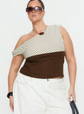 Past Life One Shoulder Top Brown Stripe Curve