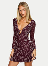 Raylena Long Sleeve V neck Mini Dress Burgundy Floral