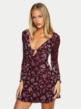 Raylena Long Sleeve V neck Mini Dress Burgundy Floral