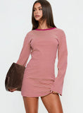 Lulolah Long Sleeve Mini Dress Lemon Burgundy Stripe