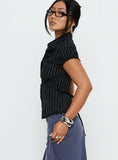 Deserve You Puff Sleeve Button Front Top Black Stripe