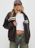 Goldsmith Faux Leather Bomber Jacket Chocolate White