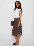 Daphene Asymmetrical Midi Skirt Brown Blue Polka Dot