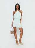 Rozario Chiffon Halter Mini Dress Aqua Silver