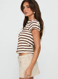 Marvella Button Up Top Beige Brown Stripe