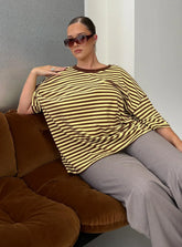 Settle Down Short Sleeve Top Yellow Brown Stripe Curve