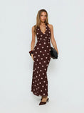 Saviana Halter Ruched Maxi Dress Chocolate Pink Polka Dot