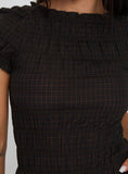 Romelle Shirred Top Black Brown Plaid Petite