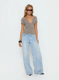 Madelon Short Sleeve Wrap Top Brown Blue Stripe