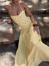 Marguerite Halter Maxi Dress Lemon Brown Polka Dot
