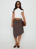 Daphene Asymmetrical Midi Skirt Brown Blue Polka Dot