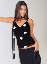 Jenae Scarf Detail Cami Top Black White Polka