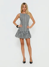 Kolbie Boat Neck Frill Mini Dress Black White Check