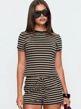 Settle Down Baby Tee Black Beige Stripe