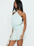 Rozario Chiffon Halter Mini Dress Aqua Silver