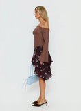 Hevenna Asymmetrical Chiffon Mini Skirt Brown Blue Polka
