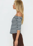 Shaylla Off Shoulder 3 4 Sleeve Top Blue Stripe