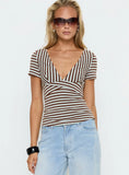 Madelon Short Sleeve Wrap Top Brown Blue Stripe