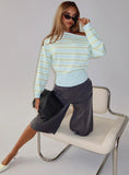 Zinia Off Shoulder Knit Sweater Grey Blue Stripe
