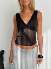 No Place Like Home Lace Trim V Neck Top Black
