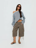 Settle Down One Shoulder Long Sleeve Top Chocolate Blue Stripe