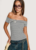 Kiela Off Shoulder Hardware Detail Top Grey White Stripe