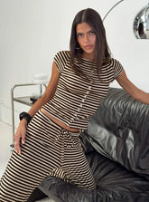Angellina Jersey Button Down Top Chocolate Cream Stripe