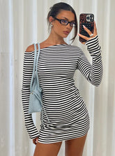 Journi Off Shoulder Long Sleeve Mini Dress Black White Stripe