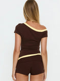 Eustace Off Shoulder Asymmetrical Top Brown Yellow