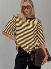 Settle Down Short Sleeve Top Yellow Brown Stripe
