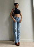Holly Mid Rise Straight Leg Asymmetric Jean Light Wash Denim