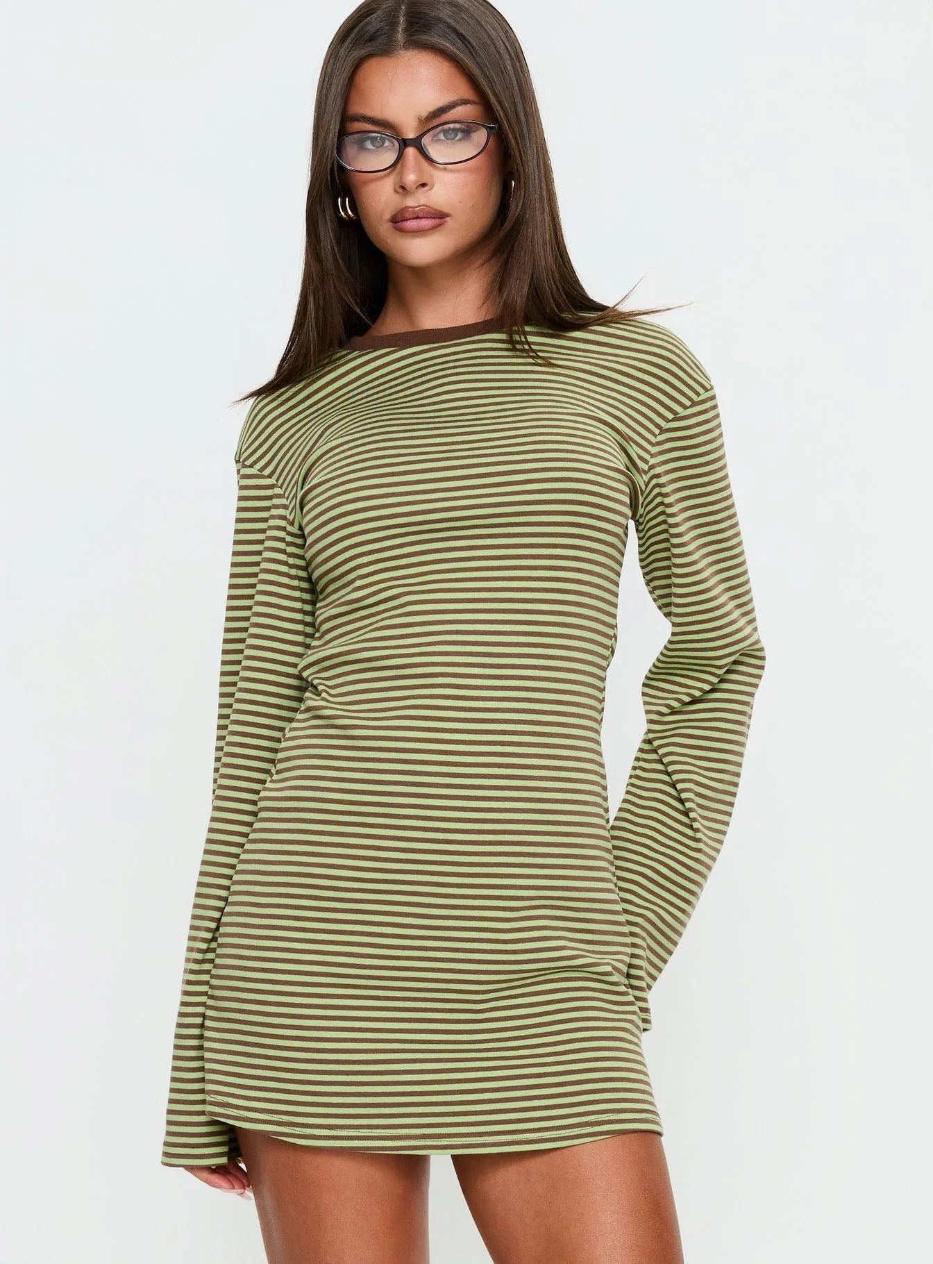 Lulolah Long Sleeve Mini Dress Green Chocolate Stripe