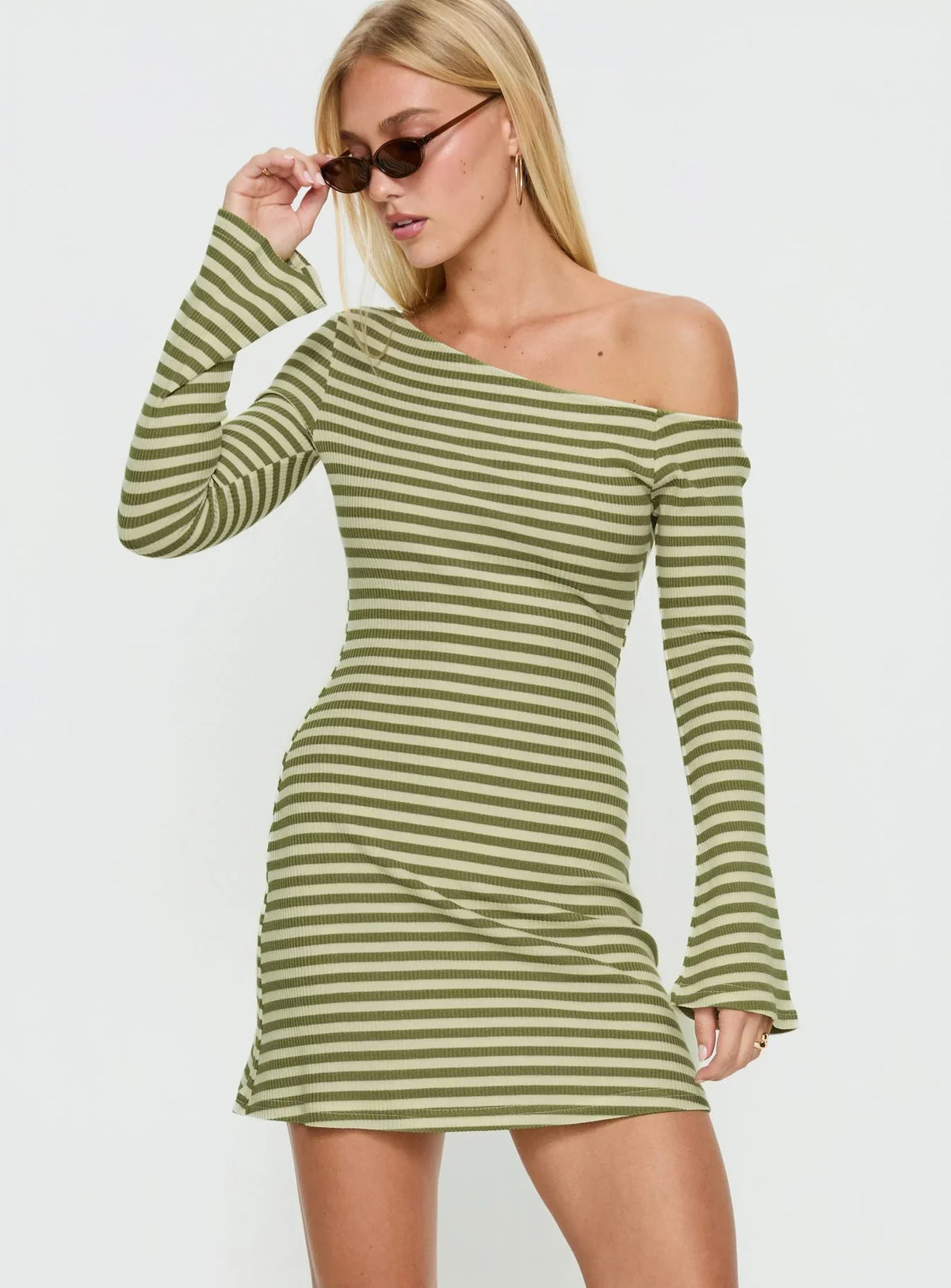 Adrietta Long Sleeve Off Shoulder Mini Dress Cream Matcha Stripe